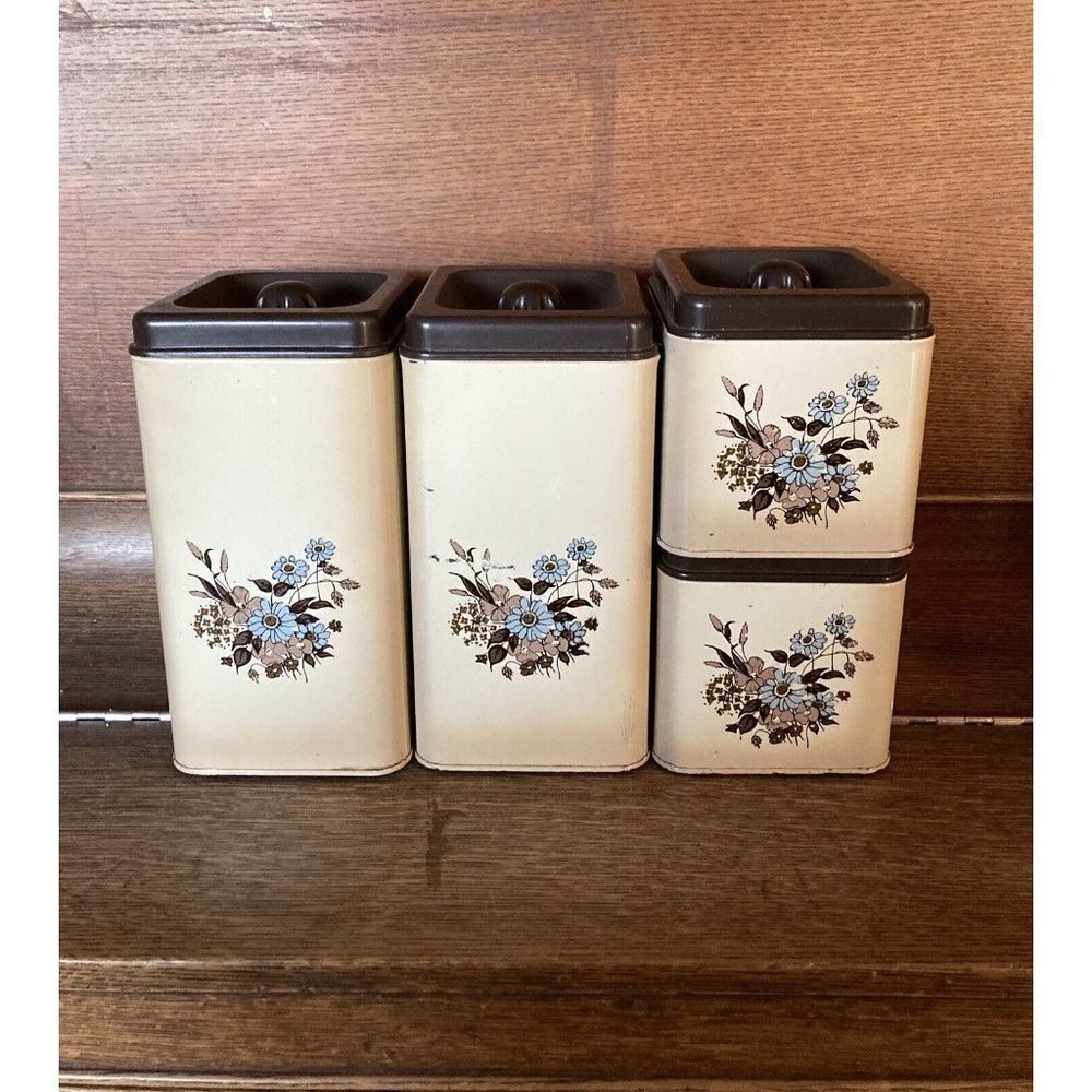 Vintage kitchen canisters set a four floral blue soft pink and brown print